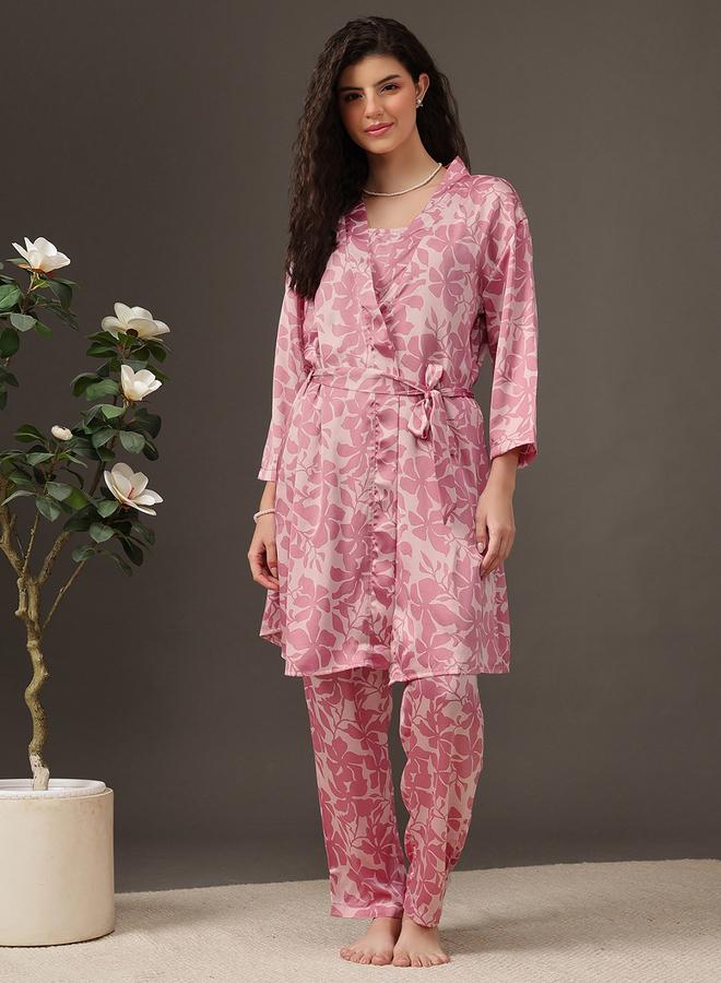 Clovia Pack of 3 - Floral Satin Cami, Robe and Pyjama - Image 2
